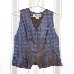 VTG CARLISLE Vest Womens 10 Silk Polka Dot Brown Blue Twee Cute Maximalist Style